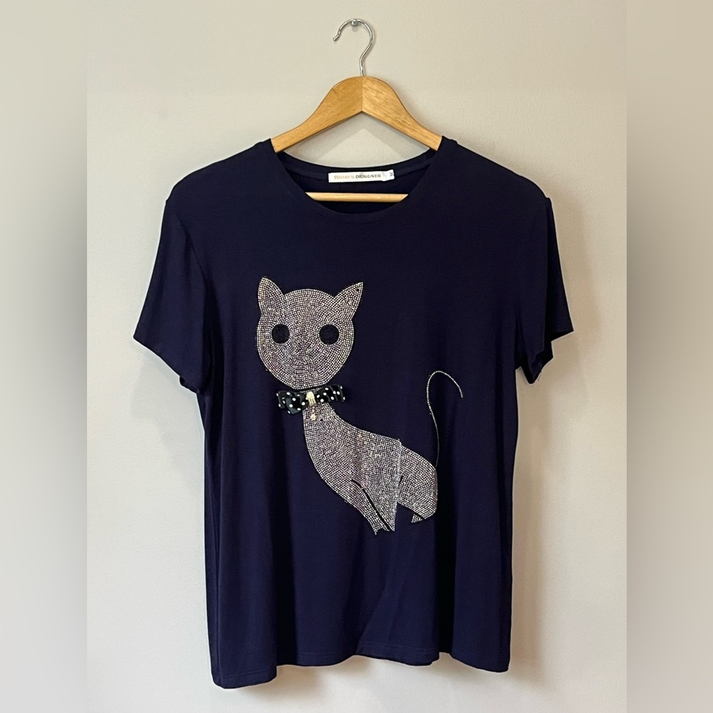 Women’s Today’s Designer Navy Blue T-Shirt ✨   Sparkle ✨ Cat With Bow Tie 😽🎀